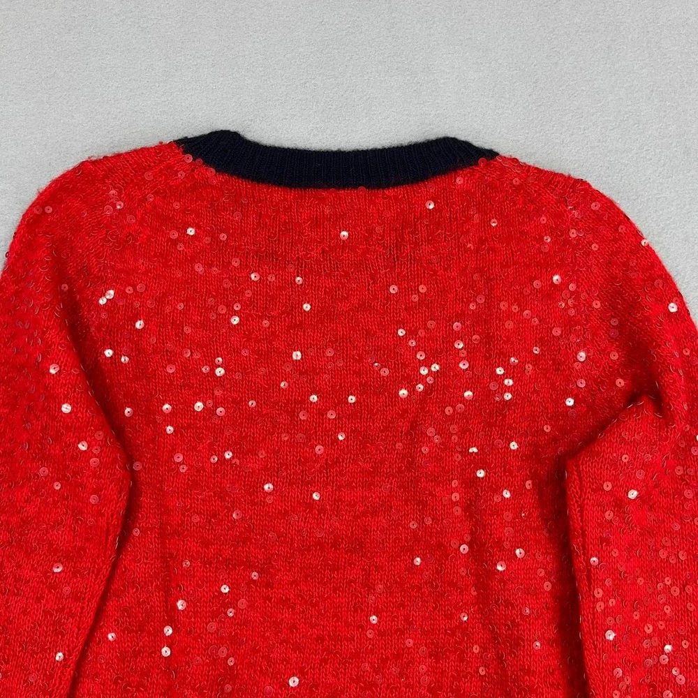 J. Crew Womens‎ Red Sequin Wool Mohair Blend Sweater Navy Trim Small